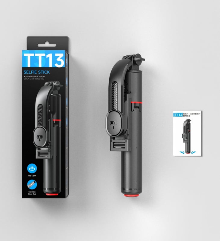 Мини селфи стик с антишок стабилизатор и прибиращ се трипод, Bluetooth дистанционно, светлинна подсветка, ABS + алуминиева сплав