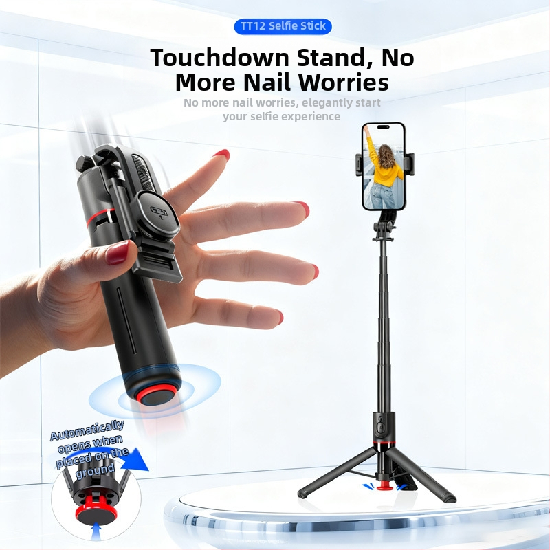 Мини селфи стик с антишок стабилизатор и прибиращ се трипод, Bluetooth дистанционно, светлинна подсветка, ABS + алуминиева сплав