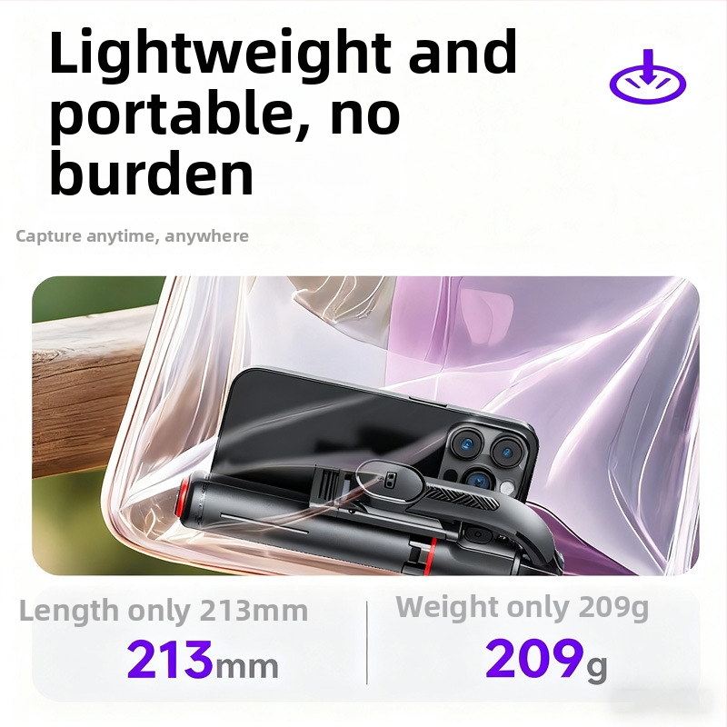 Мини селфи стик с антишок стабилизатор и прибиращ се трипод, Bluetooth дистанционно, светлинна подсветка, ABS + алуминиева сплав