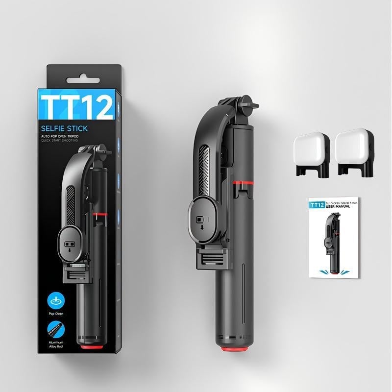 Мини селфи стик с антишок стабилизатор и прибиращ се трипод, Bluetooth дистанционно, светлинна подсветка, ABS + алуминиева сплав