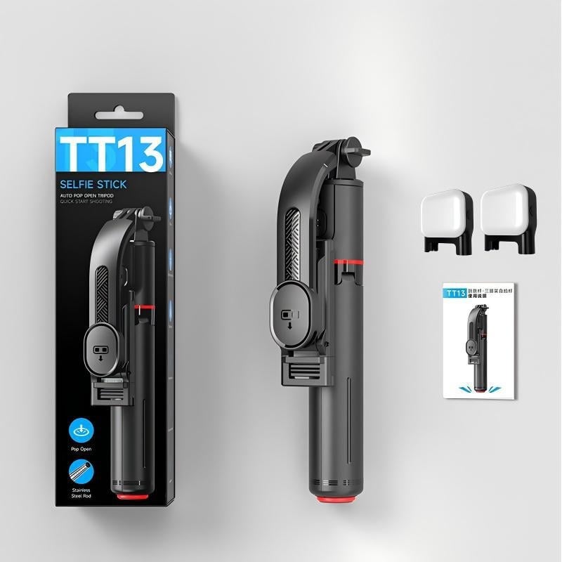 Мини селфи стик с антишок стабилизатор и прибиращ се трипод, Bluetooth дистанционно, светлинна подсветка, ABS + алуминиева сплав