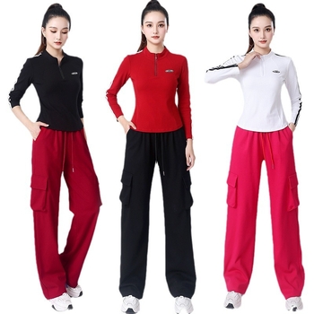 Set de dans pătrat pentru femei — Bluza cu mâneci lungi, fermoar parțial și pantaloni, bumbac 92%, potrivit primăvara, toamna și iarna