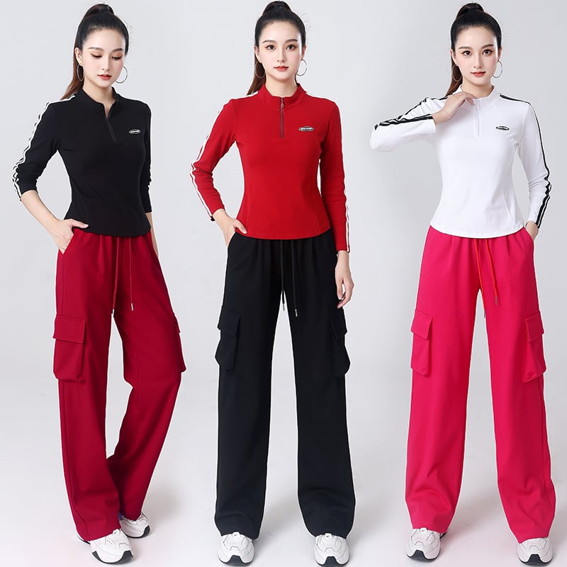 Set de dans pătrat pentru femei — Bluza cu mâneci lungi, fermoar parțial și pantaloni, bumbac 92%, potrivit primăvara, toamna și iarna