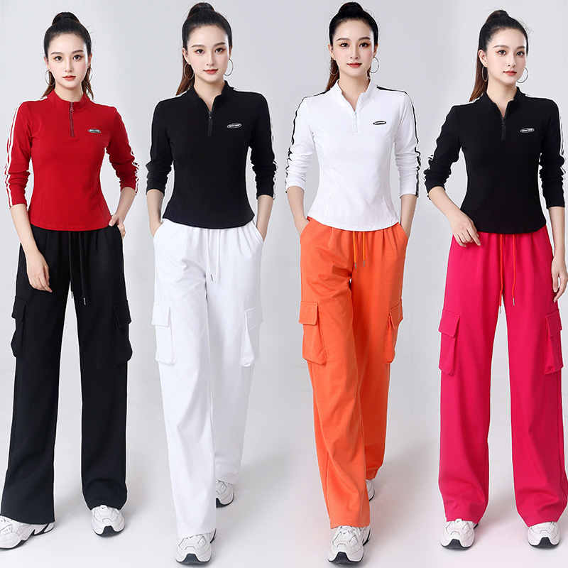 Set de dans pătrat pentru femei — Bluza cu mâneci lungi, fermoar parțial și pantaloni, bumbac 92%, potrivit primăvara, toamna și iarna