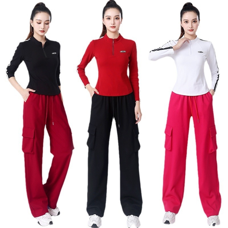 Set de dans pătrat pentru femei — Bluza cu mâneci lungi, fermoar parțial și pantaloni, bumbac 92%, potrivit primăvara, toamna și iarna