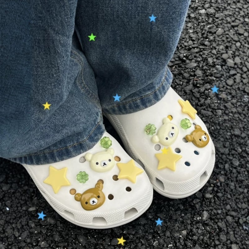 Crocs virágos cipő kiegészítő – PVC anyag, medve és csillag dizájn, papucsokhoz