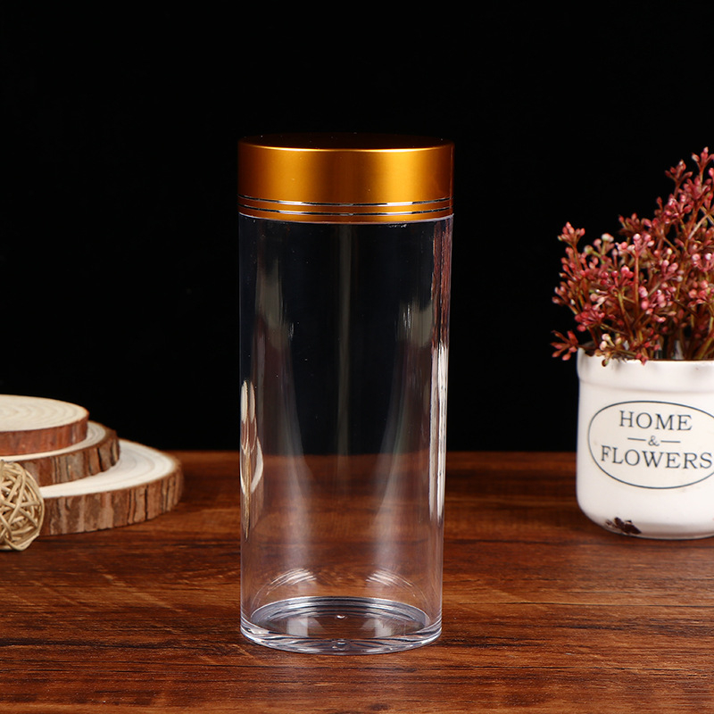 PS műanyagból készült nedvességálló zárható kapszulás palack, PET blow molding technikával gyártva, fedéllel, üvegtartalmú stílusú csomagolás, testreszabható kapacitás