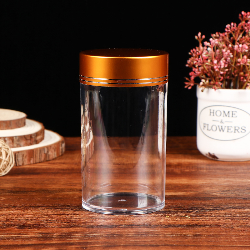 PS műanyagból készült nedvességálló zárható kapszulás palack, PET blow molding technikával gyártva, fedéllel, üvegtartalmú stílusú csomagolás, testreszabható kapacitás