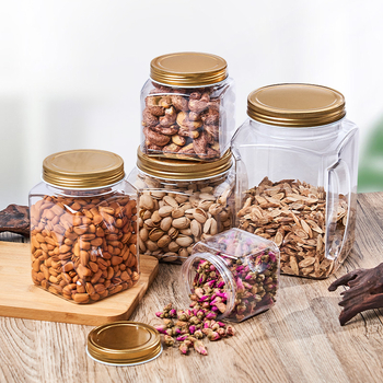 Квадратен PET пластмасов контейнер за храни (за чай и ядки) с плътно уплътнение, капак от пластмаса и алуминий, модел 2222, персонализирано лого