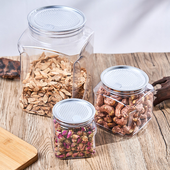 Квадратен PET пластмасов контейнер за храни (за чай и ядки) с плътно уплътнение, капак от пластмаса и алуминий, модел 2222, персонализирано лого