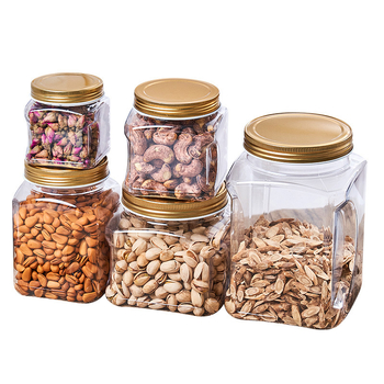 Квадратен PET пластмасов контейнер за храни (за чай и ядки) с плътно уплътнение, капак от пластмаса и алуминий, модел 2222, персонализирано лого