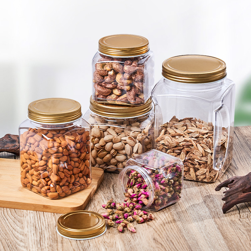 Квадратен PET пластмасов контейнер за храни (за чай и ядки) с плътно уплътнение, капак от пластмаса и алуминий, модел 2222, персонализирано лого