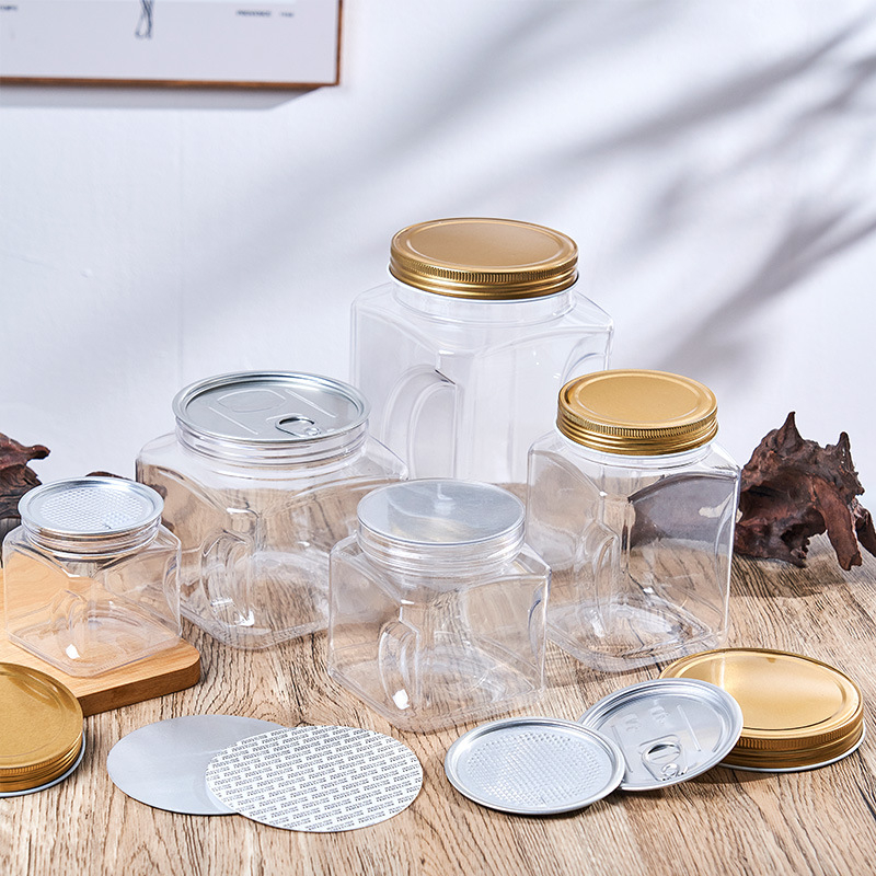 Квадратен PET пластмасов контейнер за храни (за чай и ядки) с плътно уплътнение, капак от пластмаса и алуминий, модел 2222, персонализирано лого