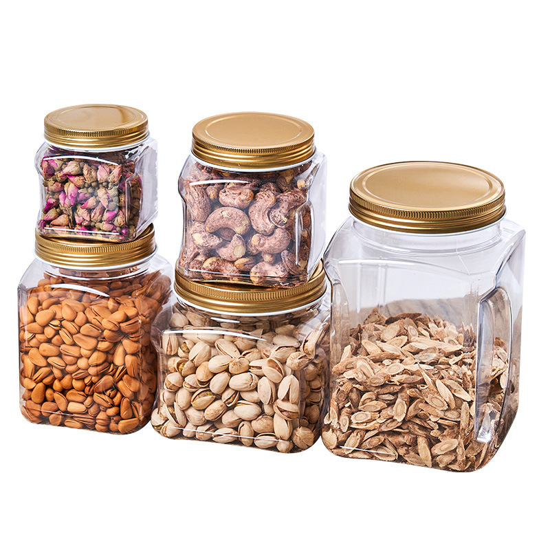 Квадратен PET пластмасов контейнер за храни (за чай и ядки) с плътно уплътнение, капак от пластмаса и алуминий, модел 2222, персонализирано лого