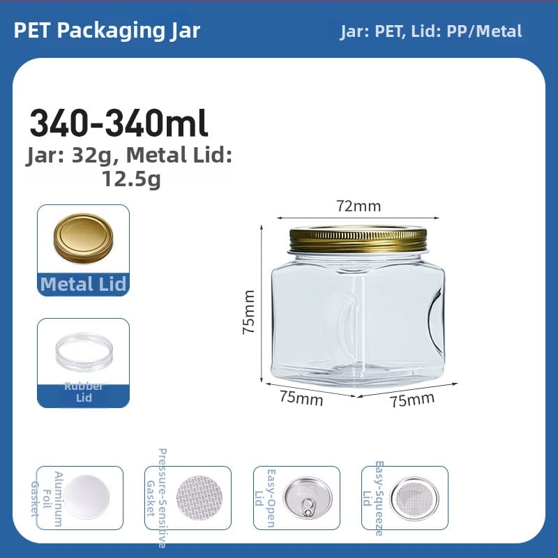 Квадратен PET пластмасов контейнер за храни (за чай и ядки) с плътно уплътнение, капак от пластмаса и алуминий, модел 2222, персонализирано лого