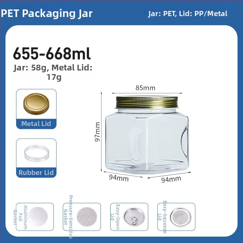 Квадратен PET пластмасов контейнер за храни (за чай и ядки) с плътно уплътнение, капак от пластмаса и алуминий, модел 2222, персонализирано лого