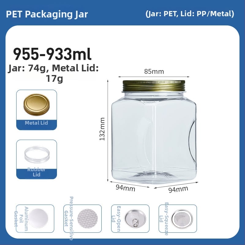 Квадратен PET пластмасов контейнер за храни (за чай и ядки) с плътно уплътнение, капак от пластмаса и алуминий, модел 2222, персонализирано лого