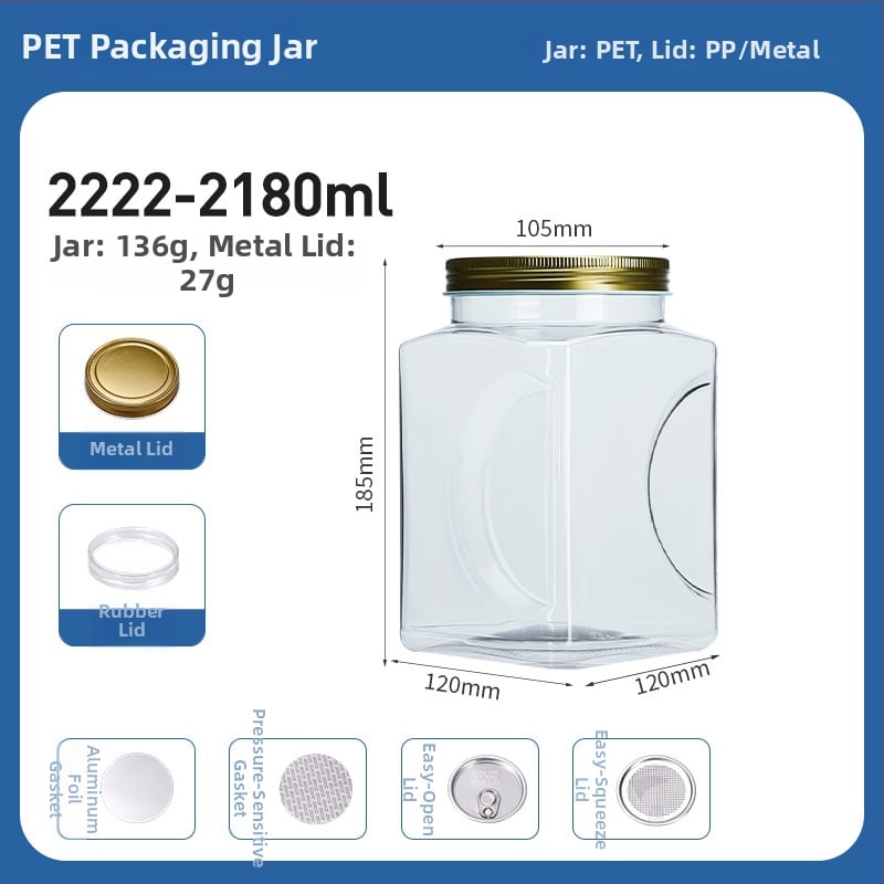 Квадратен PET пластмасов контейнер за храни (за чай и ядки) с плътно уплътнение, капак от пластмаса и алуминий, модел 2222, персонализирано лого