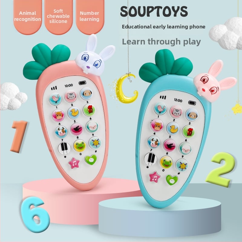 Имитационен детски музикален телефон – машина за ранно образование; пластмасов корпус, без памет, захранване с батерии, подходящ за деца 4–6 години