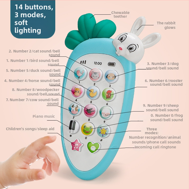 Имитационен детски музикален телефон – машина за ранно образование; пластмасов корпус, без памет, захранване с батерии, подходящ за деца 4–6 години