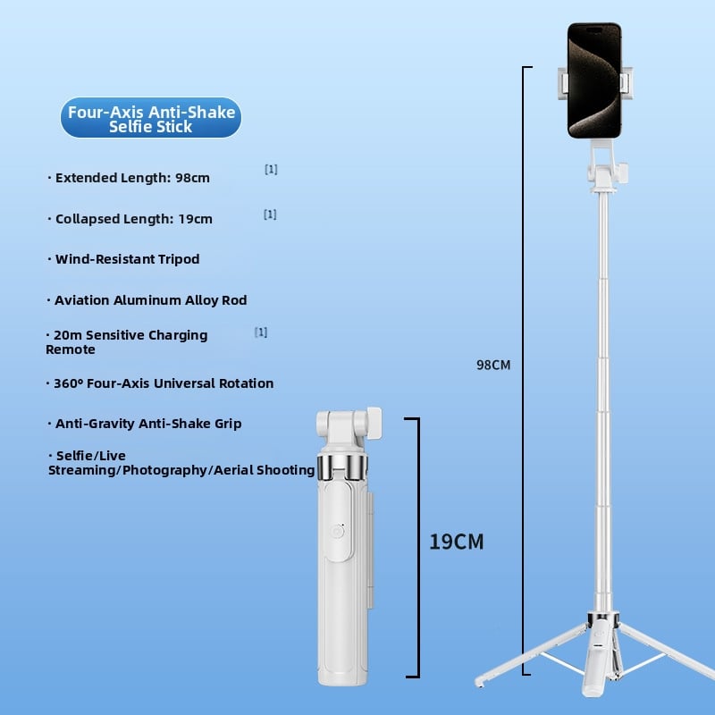 Портативна мини Bluetooth селфи пръчка със стойка за пода и трипод — алуминиев корпус, дистанционно управление, стабилизация на изображението и подсветка