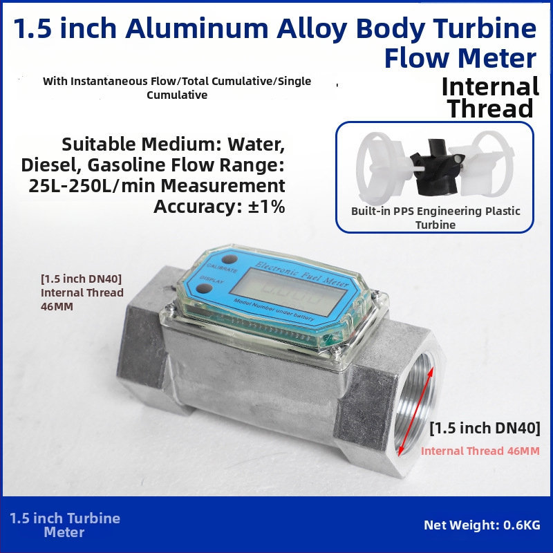 Hengsheng Ηλεκτρονικός μετρητής ροής τουρμπίνας για νερό, ντίζελ και βενζίνη με ψηφιακή οθόνη, στιγμιαία και συνολική ροή, 0.6–6 m³/h