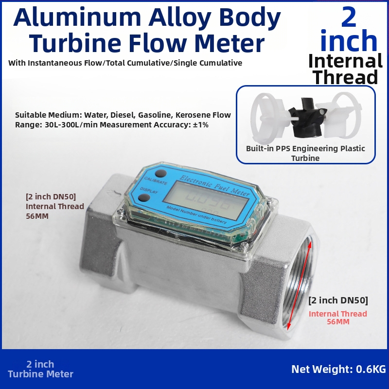 Hengsheng Ηλεκτρονικός μετρητής ροής τουρμπίνας για νερό, ντίζελ και βενζίνη με ψηφιακή οθόνη, στιγμιαία και συνολική ροή, 0.6–6 m³/h