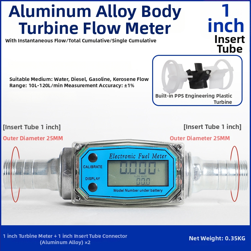 Hengsheng Ηλεκτρονικός μετρητής ροής τουρμπίνας για νερό, ντίζελ και βενζίνη με ψηφιακή οθόνη, στιγμιαία και συνολική ροή, 0.6–6 m³/h