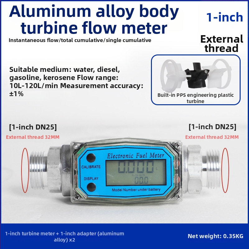 Hengsheng Ηλεκτρονικός μετρητής ροής τουρμπίνας για νερό, ντίζελ και βενζίνη με ψηφιακή οθόνη, στιγμιαία και συνολική ροή, 0.6–6 m³/h