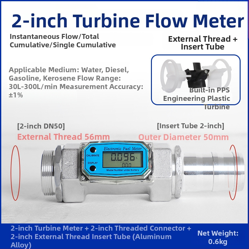 Hengsheng Ηλεκτρονικός μετρητής ροής τουρμπίνας για νερό, ντίζελ και βενζίνη με ψηφιακή οθόνη, στιγμιαία και συνολική ροή, 0.6–6 m³/h