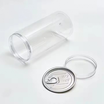 PET прозрачна бутилка с широко гърло, кристална капачка и pull‑lid/мембрана за разкъсване; запечатваща опаковка с възможност за лого