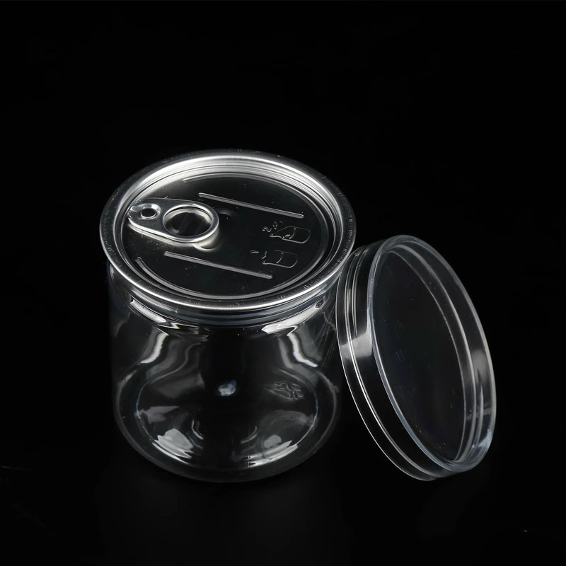 PET прозрачна бутилка с широко гърло, кристална капачка и pull‑lid/мембрана за разкъсване; запечатваща опаковка с възможност за лого