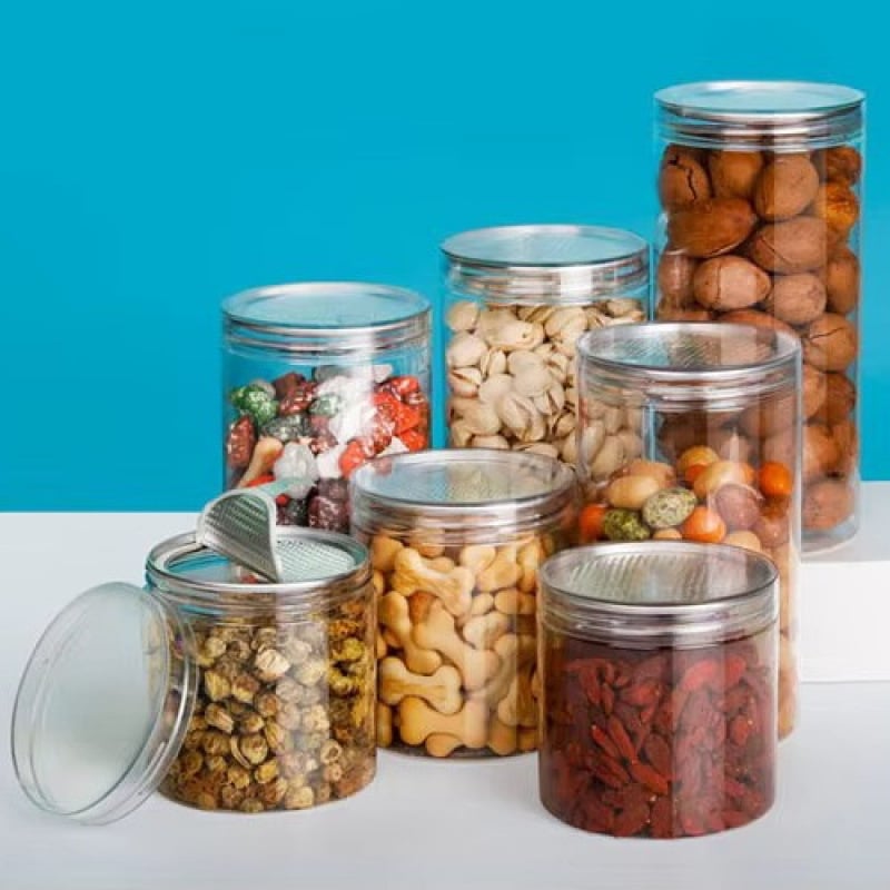 PET прозрачна бутилка с широко гърло, кристална капачка и pull‑lid/мембрана за разкъсване; запечатваща опаковка с възможност за лого