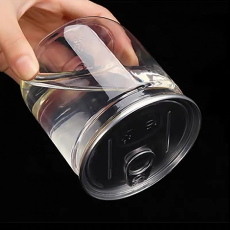 PET прозрачна бутилка с широко гърло, кристална капачка и pull‑lid/мембрана за разкъсване; запечатваща опаковка с възможност за лого