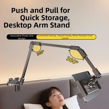 Egykezes telefon- és tabletatartó ágy melletti és íróasztali felszereléssel, forgó cantilever kar, felvételhez és élő közvetítéshez, többfunkciós