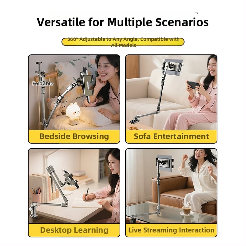 Egykezes telefon- és tabletatartó ágy melletti és íróasztali felszereléssel, forgó cantilever kar, felvételhez és élő közvetítéshez, többfunkciós
