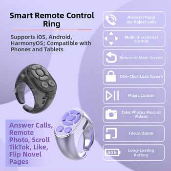ABS materiál prsteňový diaľkový ovládač | Type-C rozhranie | 35 mAh batéria | Bezdrôtový dosah 10 m | Nosenie: prsteň