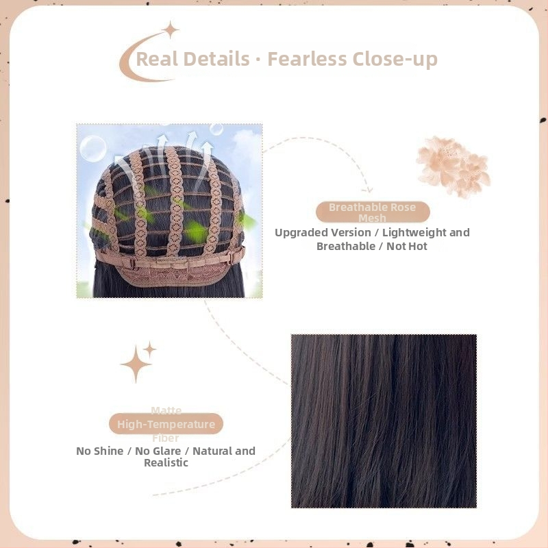 Duga prirodno izgledajuća perika sa srednjim razdjeljkom — duga ravna kosa, proteinska svila; može se bojiti ili permirati