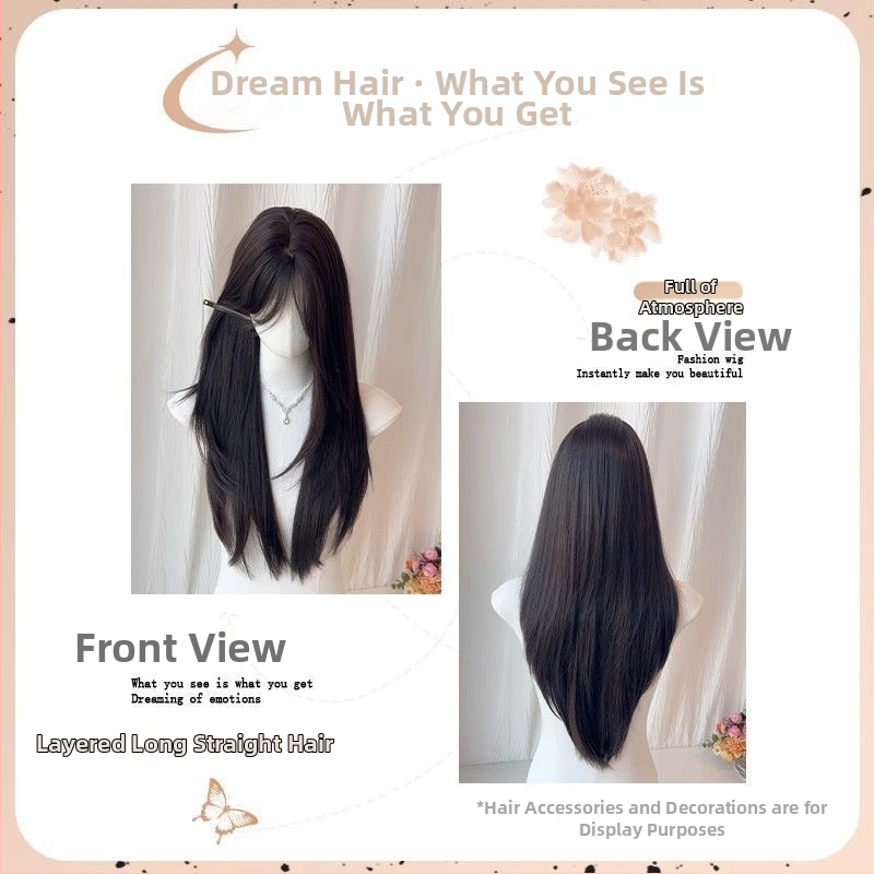 Duga prirodno izgledajuća perika sa srednjim razdjeljkom — duga ravna kosa, proteinska svila; može se bojiti ili permirati