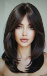 Perucă completă cu franjuri central despărțite, lungime medie, ușor ondulate, fibră sintetică rezistentă la temperatură, model YX315