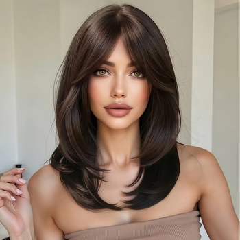 Perucă completă cu franjuri central despărțite, lungime medie, ușor ondulate, fibră sintetică rezistentă la temperatură, model YX315