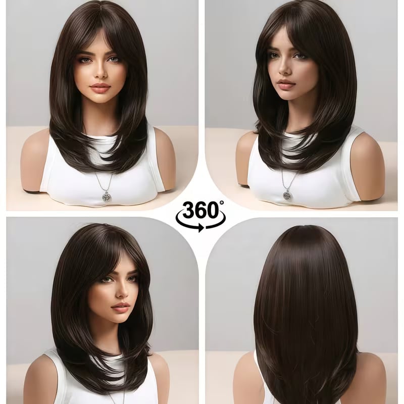 Perucă completă cu franjuri central despărțite, lungime medie, ușor ondulate, fibră sintetică rezistentă la temperatură, model YX315