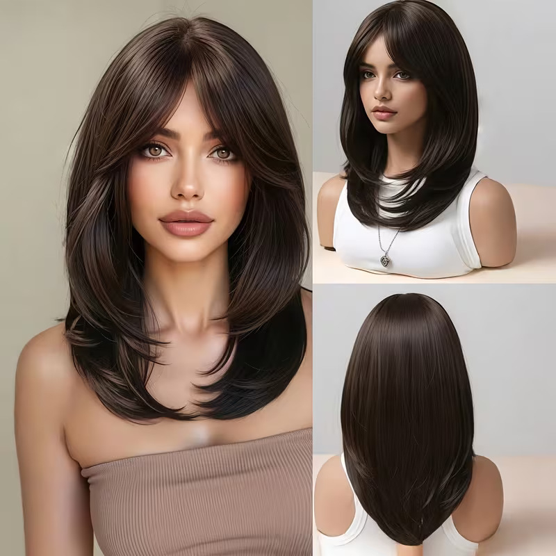 Perucă completă cu franjuri central despărțite, lungime medie, ușor ondulate, fibră sintetică rezistentă la temperatură, model YX315