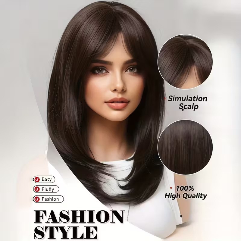 Perucă completă cu franjuri central despărțite, lungime medie, ușor ondulate, fibră sintetică rezistentă la temperatură, model YX315