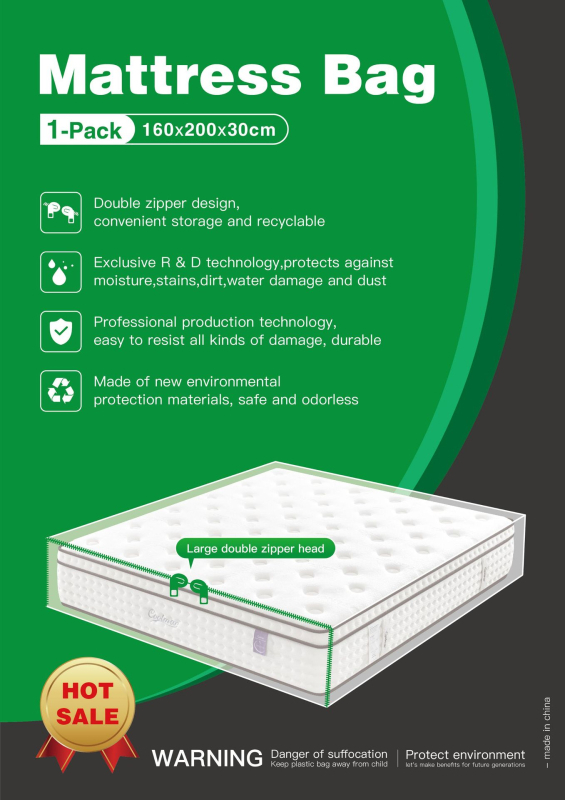 Sac protector pentru saltea din PE, transparent cu fermoar – proces Blown Film, imprimare logo, sarcină 50000, tip ambalaj