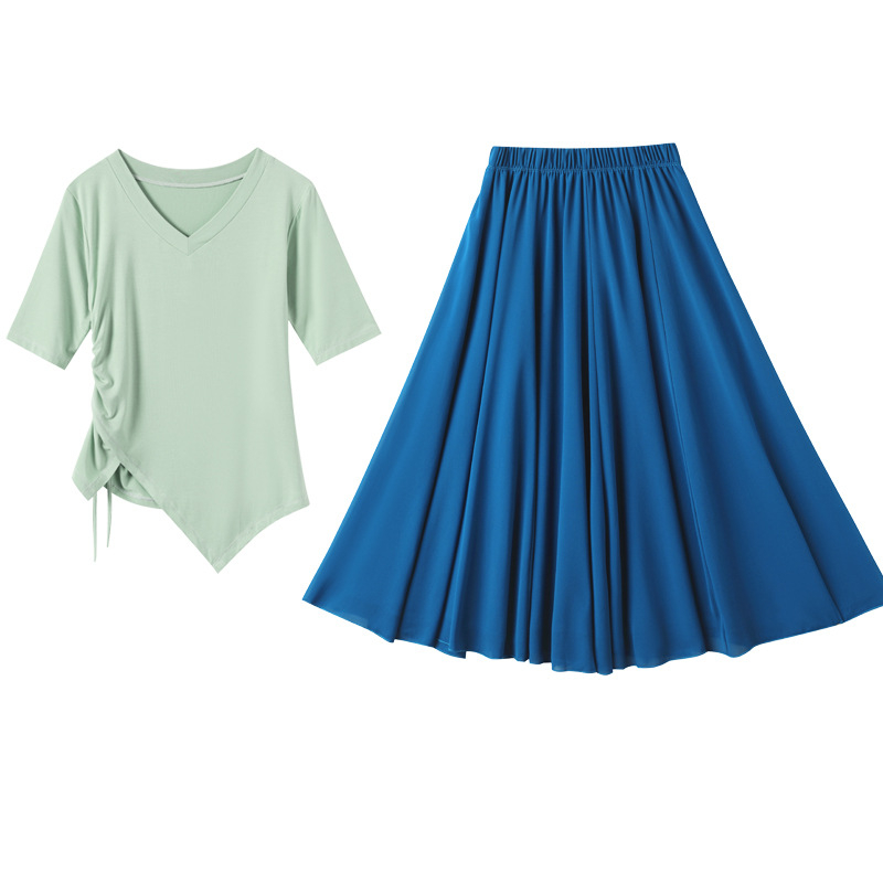 Costum de dans pătrate din țesătură modală, fustă cu volan mare, pentru femei adulte