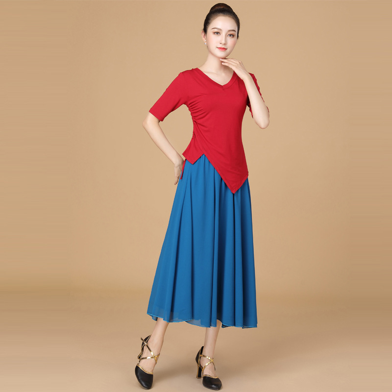 Costum de dans pătrate din țesătură modală, fustă cu volan mare, pentru femei adulte