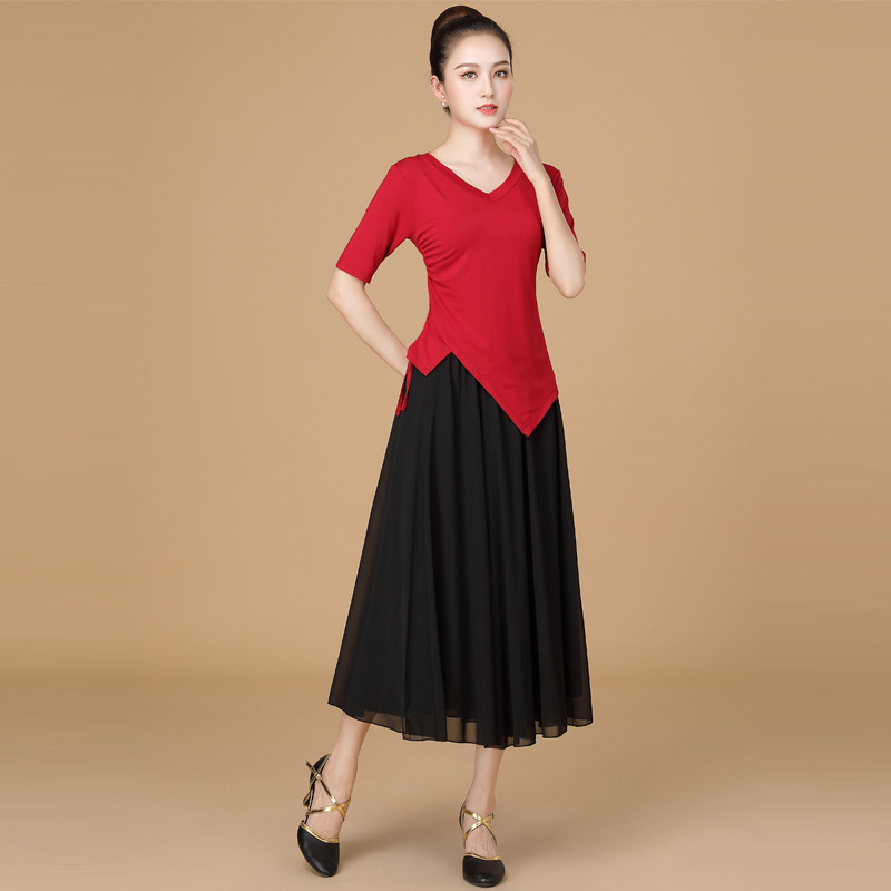 Costum de dans pătrate din țesătură modală, fustă cu volan mare, pentru femei adulte