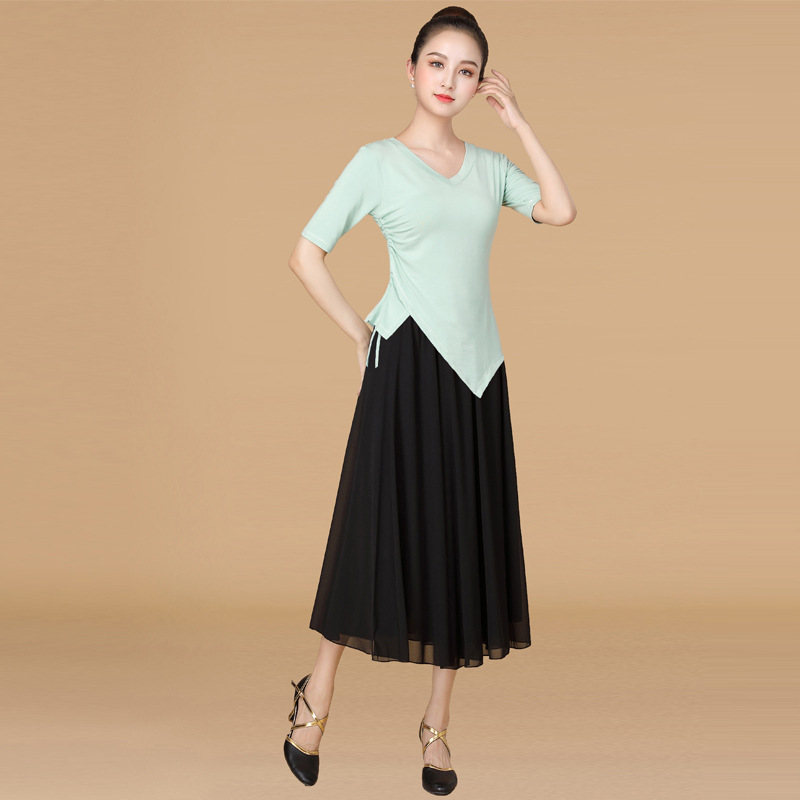 Costum de dans pătrate din țesătură modală, fustă cu volan mare, pentru femei adulte