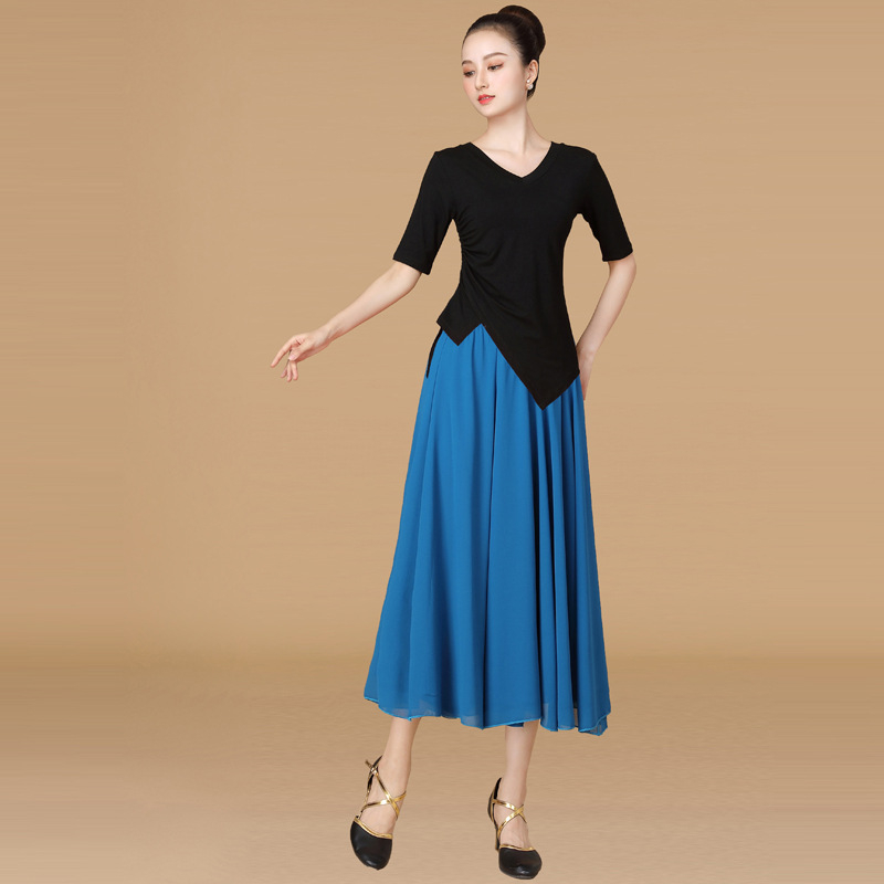 Costum de dans pătrate din țesătură modală, fustă cu volan mare, pentru femei adulte